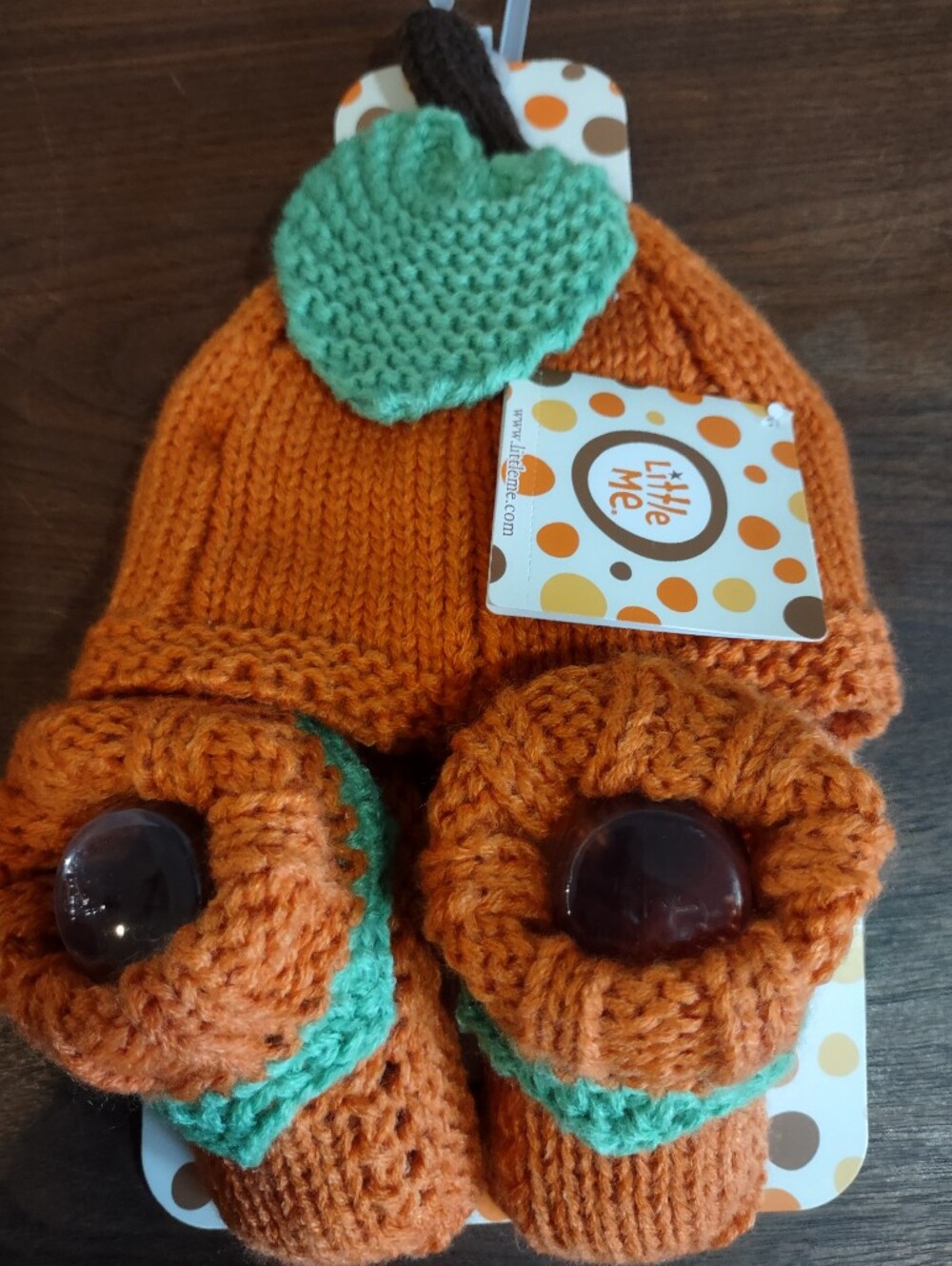Little Me Orange and Green Pumpkin Knit Hat & Booties Set